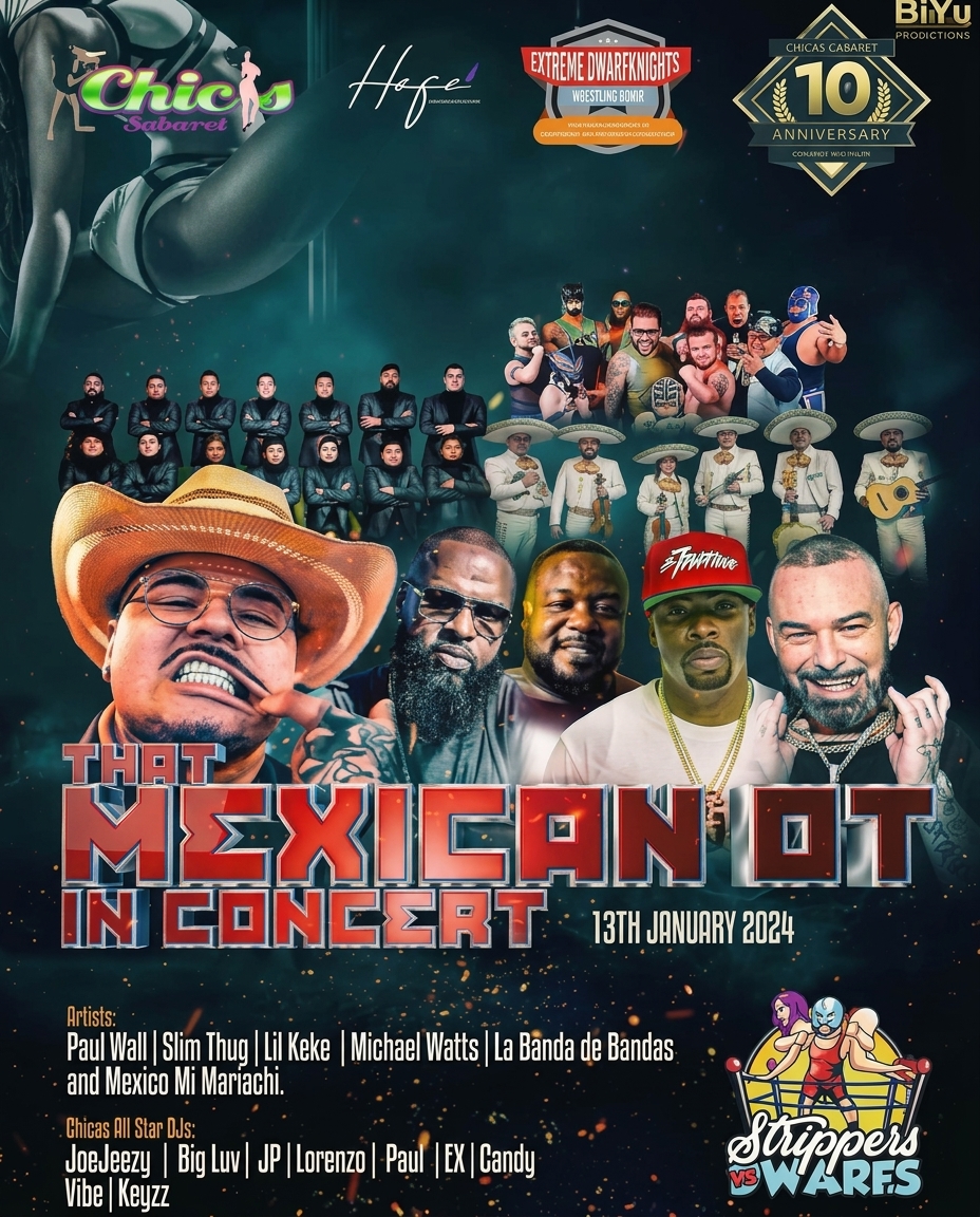 Enhanced poster for That Mexican OT, Paul Wall & Slim Thug: Chicas Cabaret Show