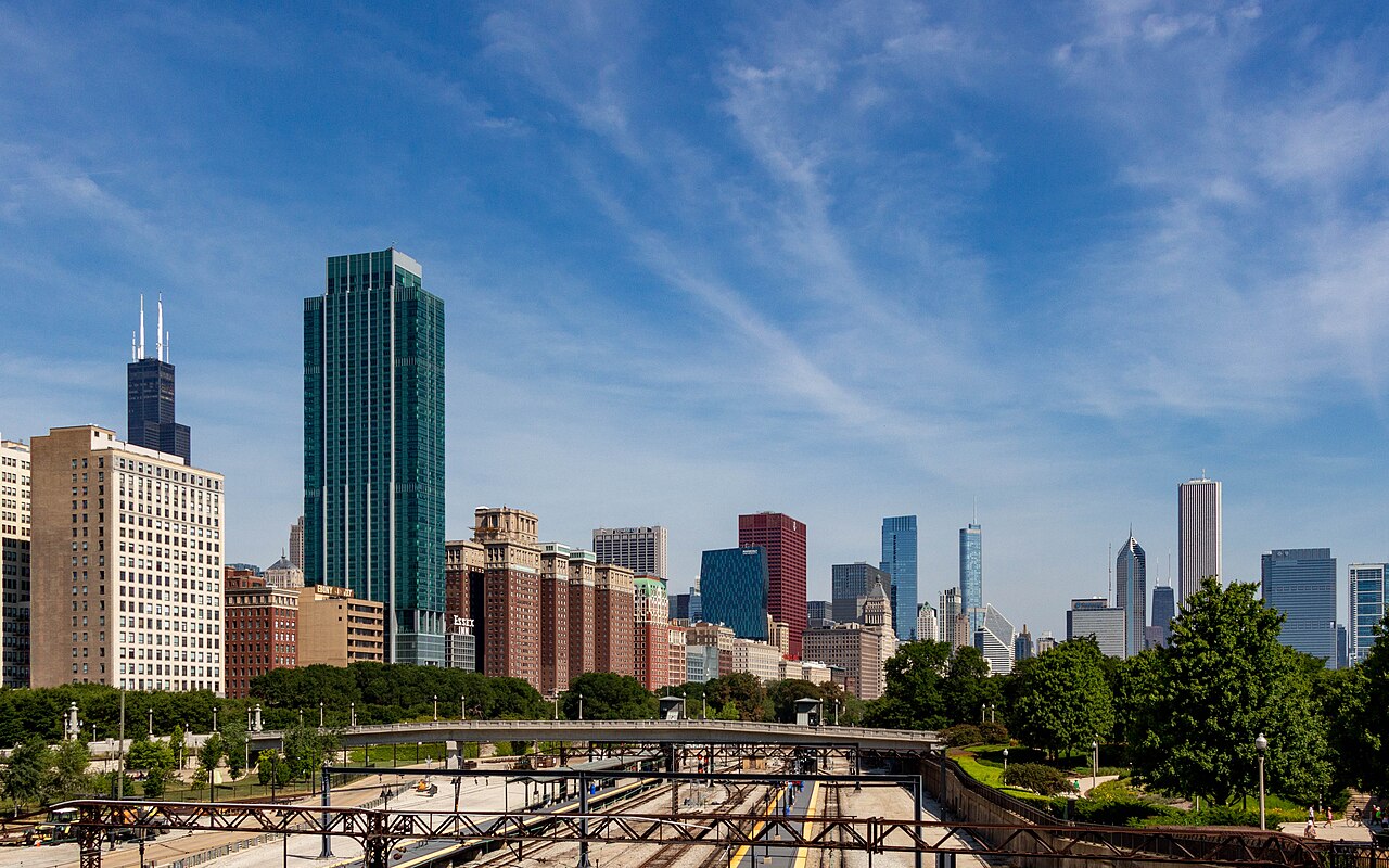 Chicago skyline seen from a Grant Park overpass.