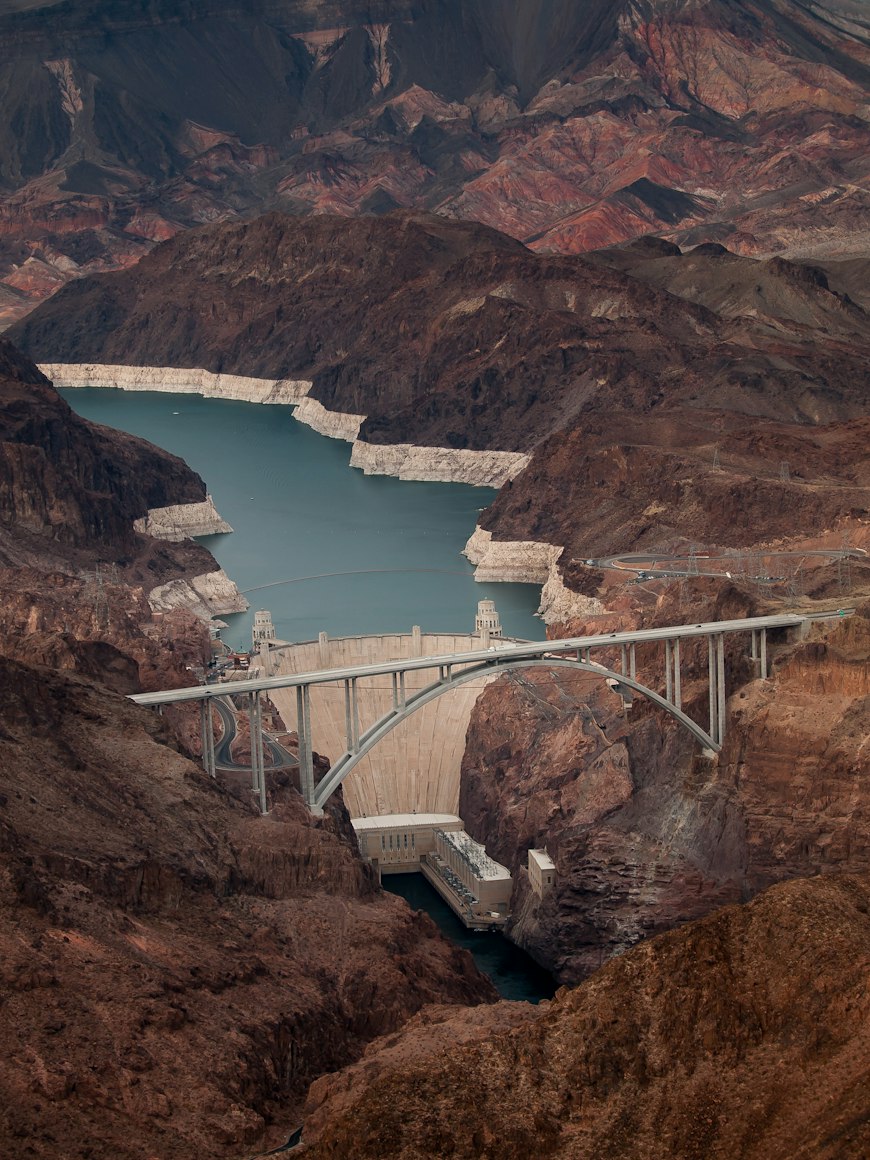 Hoover Dam and the bridge spanning the Colorado River canyon on the Arizona–Nevada border.