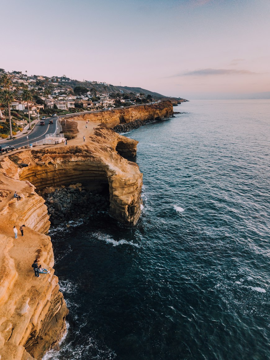 Coastal cliffs, a seaside road and the Pacific Ocean at La Jolla in San Diego.